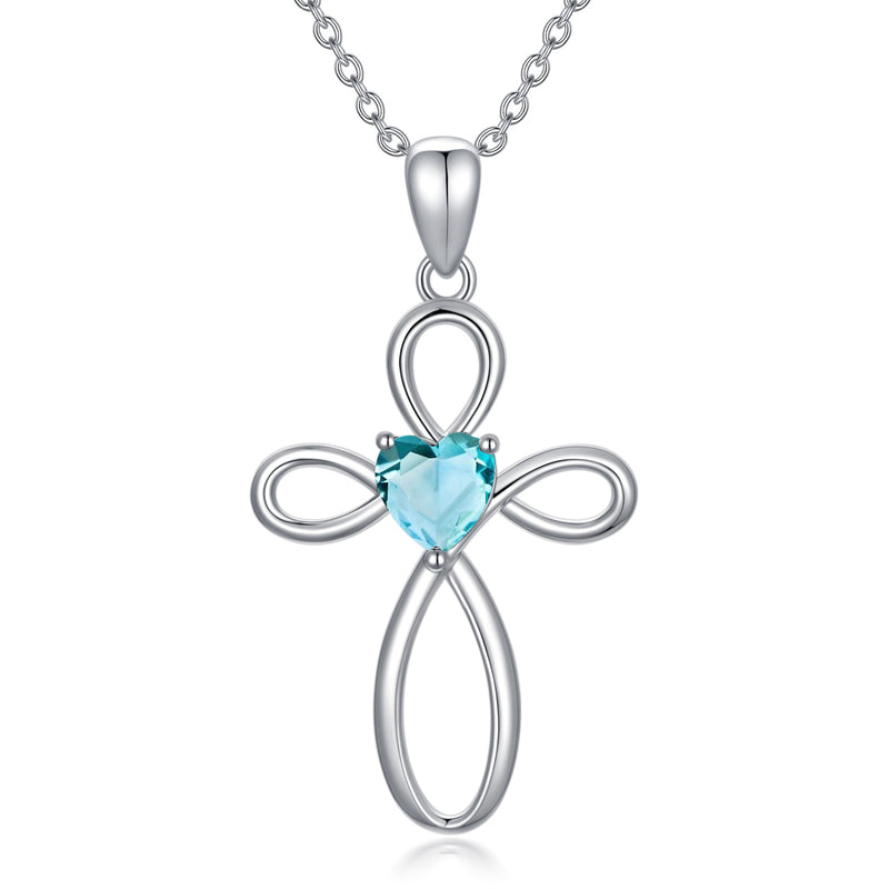 Cross Birthstone Pendant Necklace - Sterling Silver (Unisex)