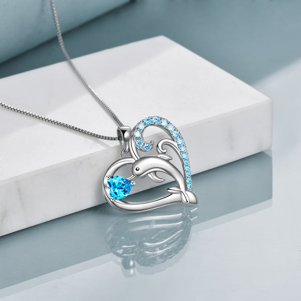 Dolphin Sea Wave Heart Pendant Necklace