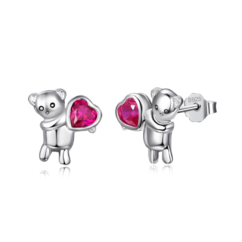 Sterling Silver Tiny Cute Bear Heart Stud Earrings