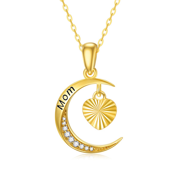 14K Real Gold Mom Moon Heart Necklace