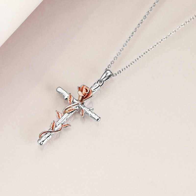 Sterling Silver Rose Gold Plated Religious Cross Pendant Necklace