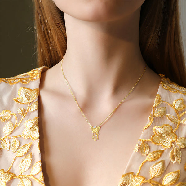 14k Solid Yellow Gold Butterfly Necklace with Moissanite