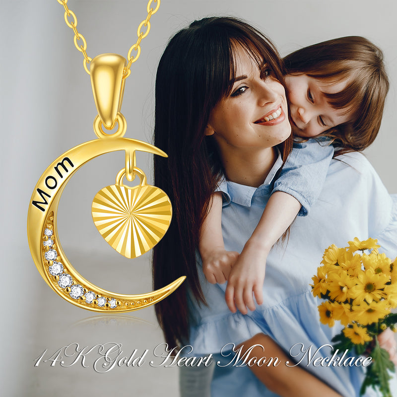 14K Real Gold Mom Moon Heart Necklace