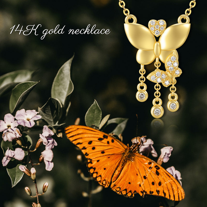 14k Solid Yellow Gold Butterfly Necklace with Moissanite