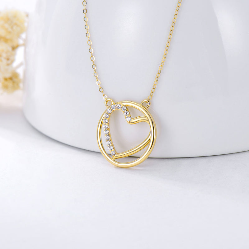 14K Real Gold Heart Necklace with 5A Cubic Zirconia