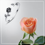 Leafy Black Rose Adjustable Ring - Sterling Silver