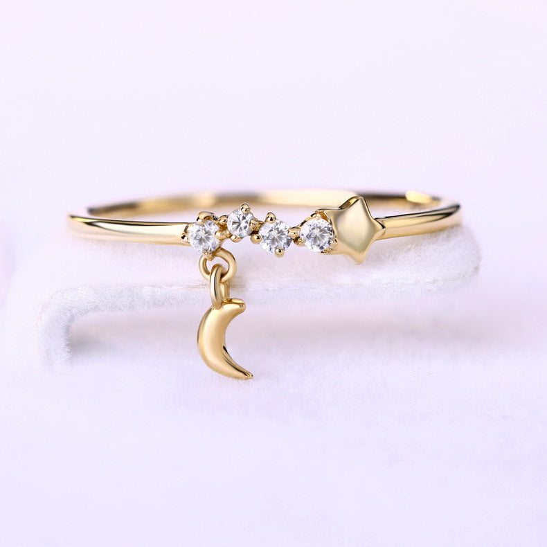 14K Gold luxurious Hand Crafted Star, Moon Ring,