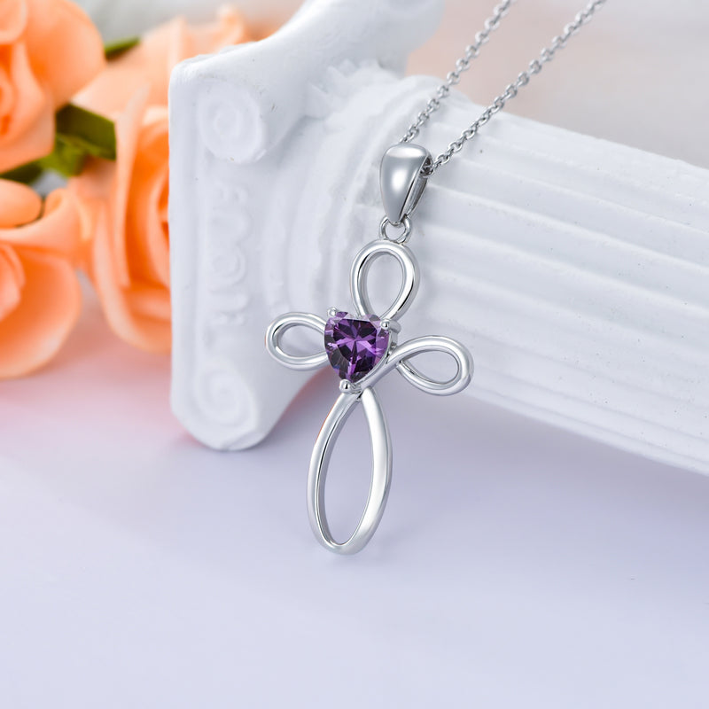 Cross Birthstone Pendant Necklace - Sterling Silver (Unisex)