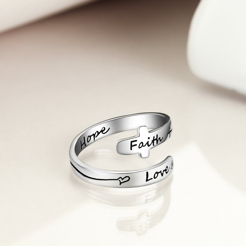 Sterling Silver Faith Hope Love Cross Adjustable Rings