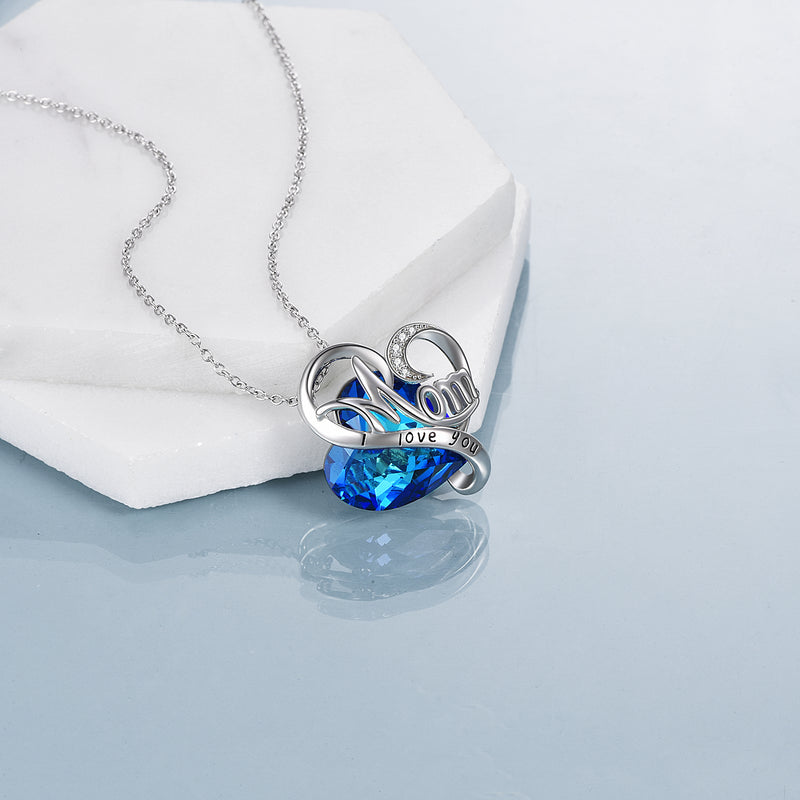 Sterling Silver Mom Necklace with Blue Heart Crystals