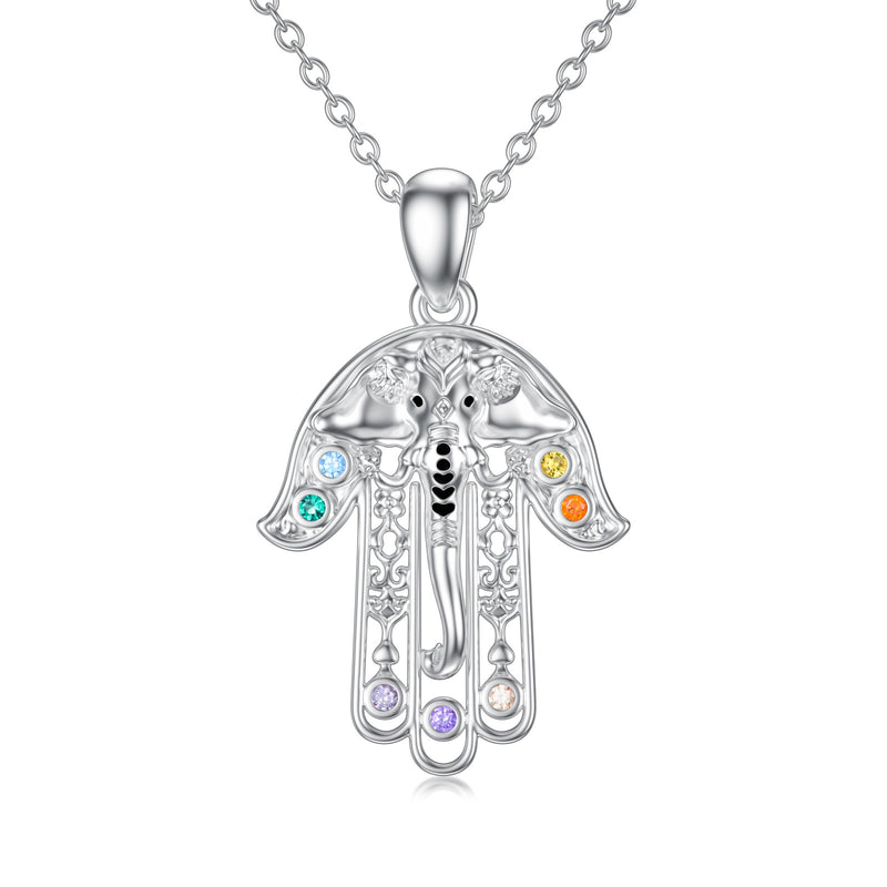 Hamsa Hand 7 Chakra Elephant Necklace - Sterling Silver