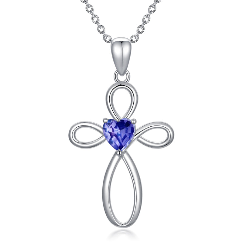 Cross Birthstone Pendant Necklace - Sterling Silver (Unisex)