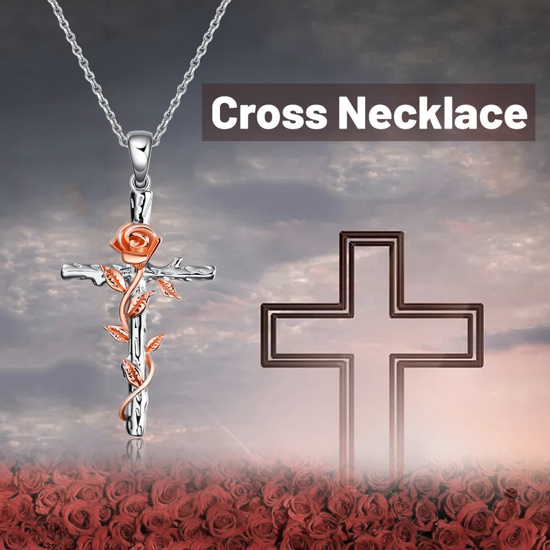 Sterling Silver Rose Gold Plated Religious Cross Pendant Necklace