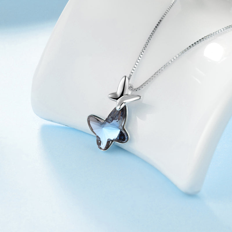 Two Butterfly Pendant Necklace With Crystals - White gold