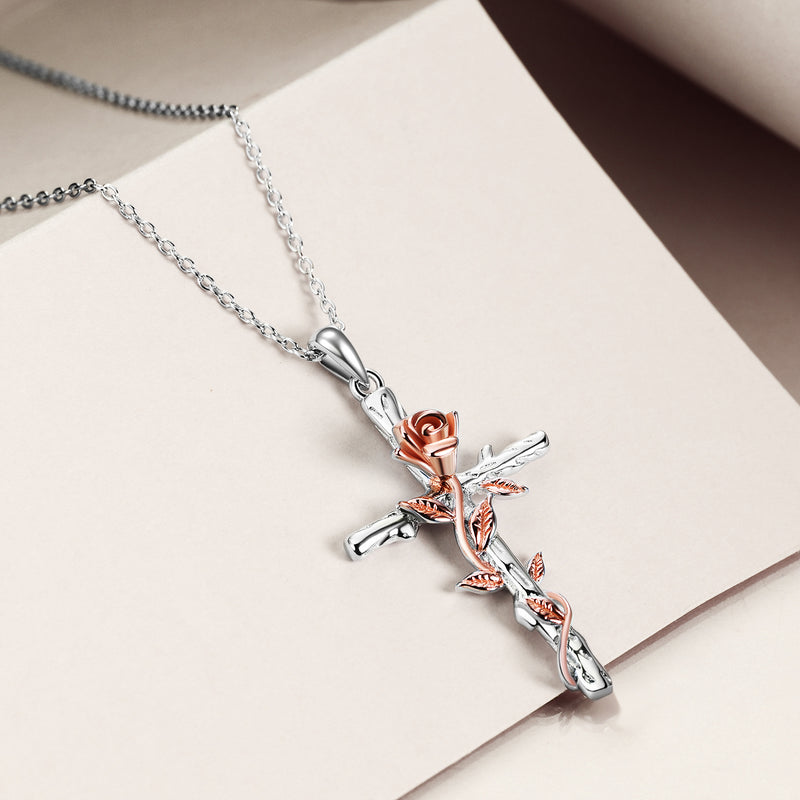 Sterling Silver Rose Gold Plated Religious Cross Pendant Necklace