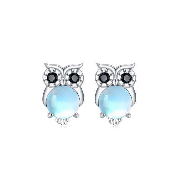 Hypoallergenic Moonstone Owl Stud Earrings - Sterling Silver