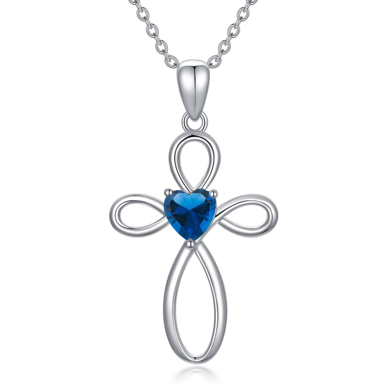 Cross Birthstone Pendant Necklace - Sterling Silver (Unisex)