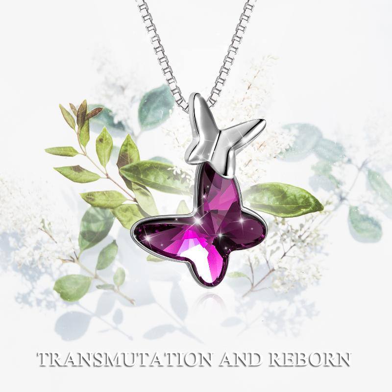 Two Butterfly Pendant Necklace With Crystals - White gold