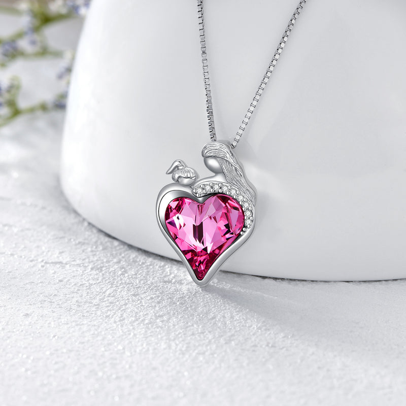 Mother and Daughter Love/Heart Crystal Necklace - Sterling Silver