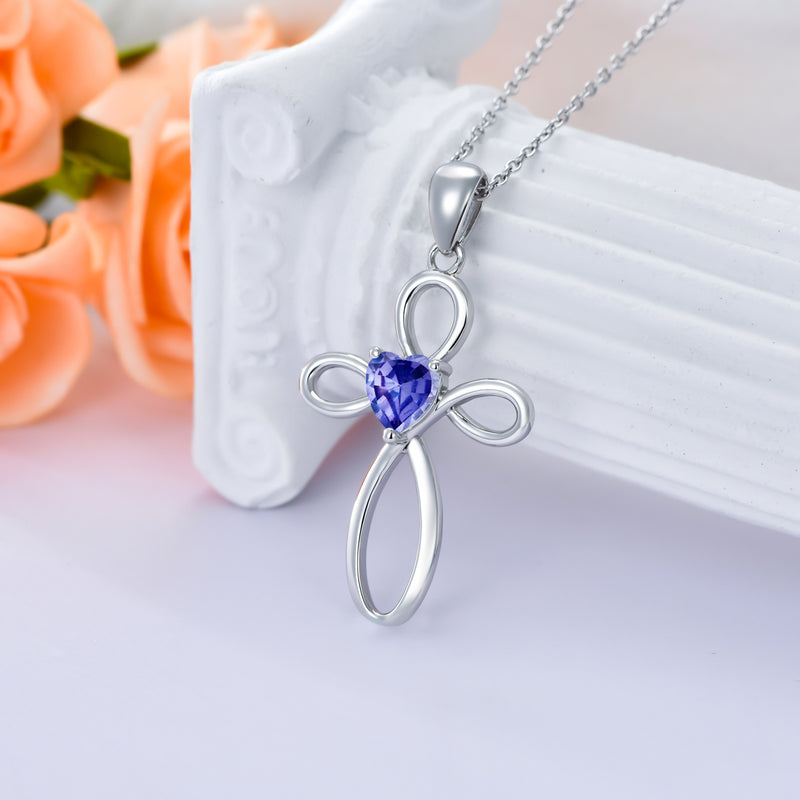 Cross Birthstone Pendant Necklace - Sterling Silver (Unisex)