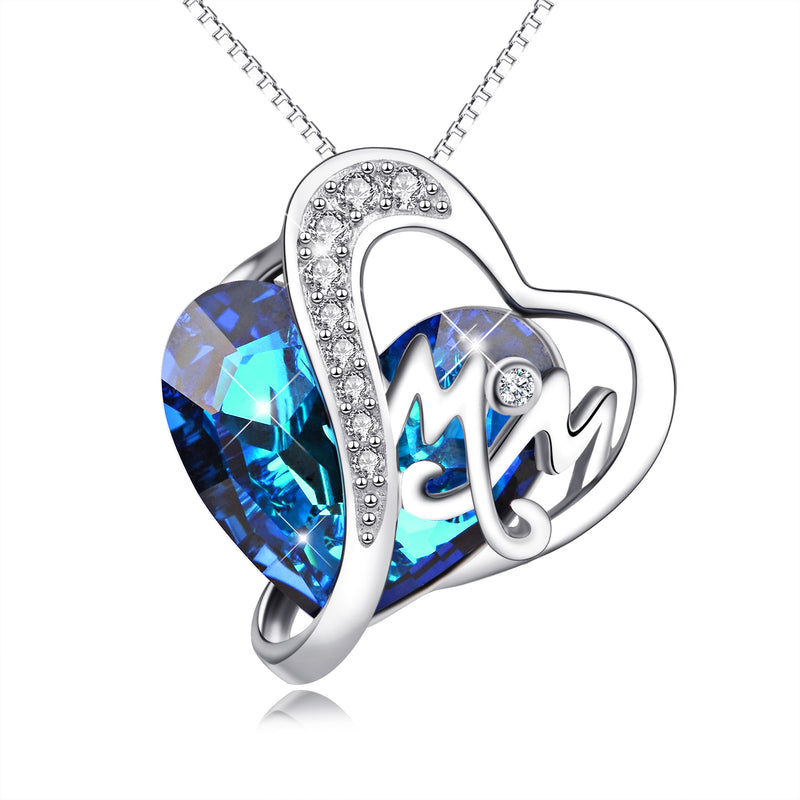 Mom Blue Heart Crystal Pendant Necklace