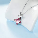 Two Butterfly Pendant Necklace With Crystals - White gold