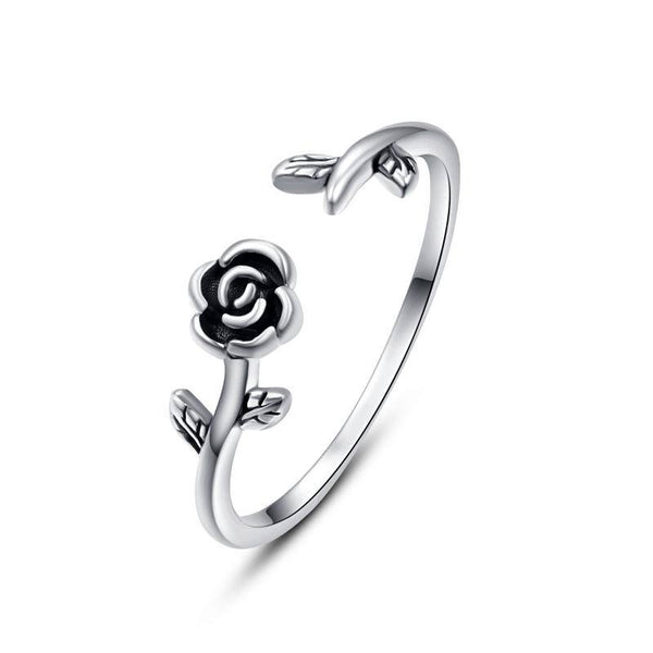 Leafy Black Rose Adjustable Ring - Sterling Silver