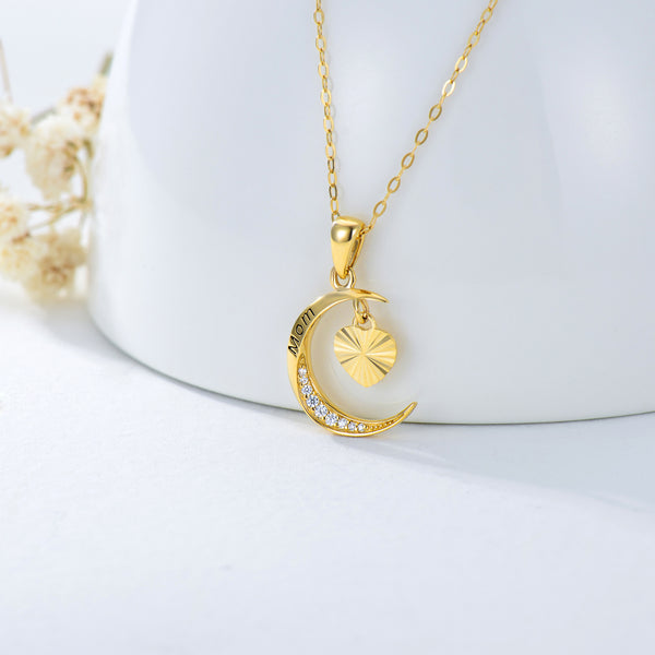 14K Real Gold Mom Moon Heart Necklace