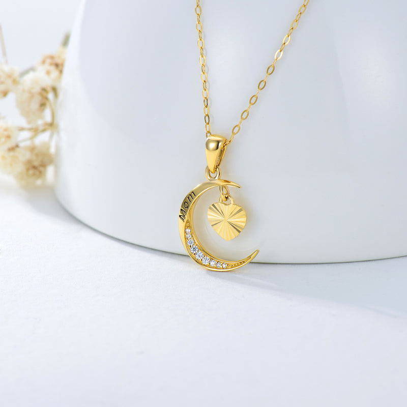 14K Real Gold Mom Moon Heart Necklace