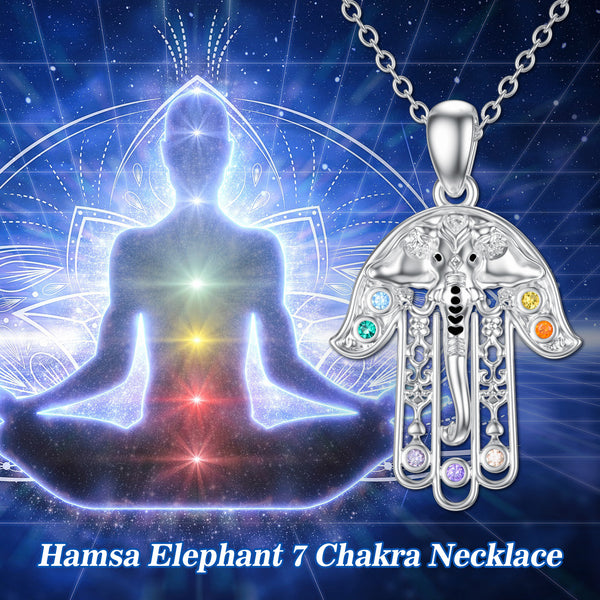 Hamsa Hand 7 Chakra Elephant Necklace - Sterling Silver