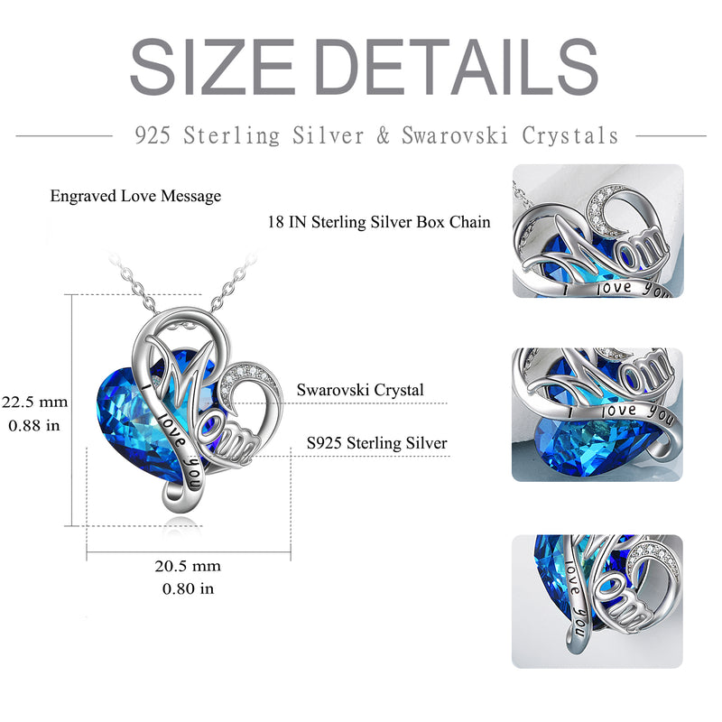 Sterling Silver Mom Necklace with Blue Heart Crystals