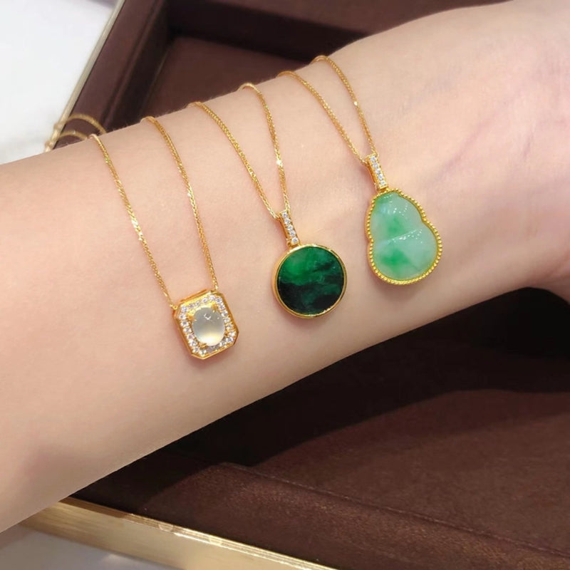 Pure Natural Jade Diamond 18K Gold Necklace