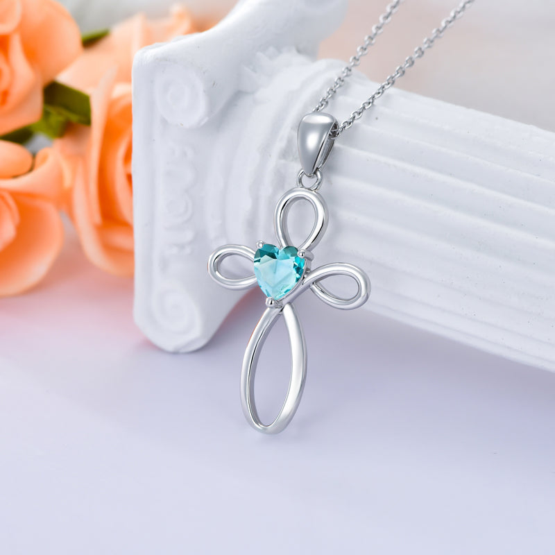 Cross Birthstone Pendant Necklace - Sterling Silver (Unisex)