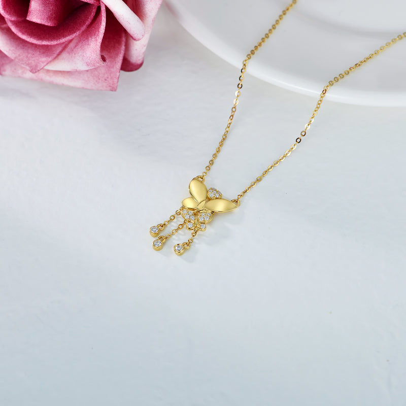 14k Solid Yellow Gold Butterfly Necklace with Moissanite