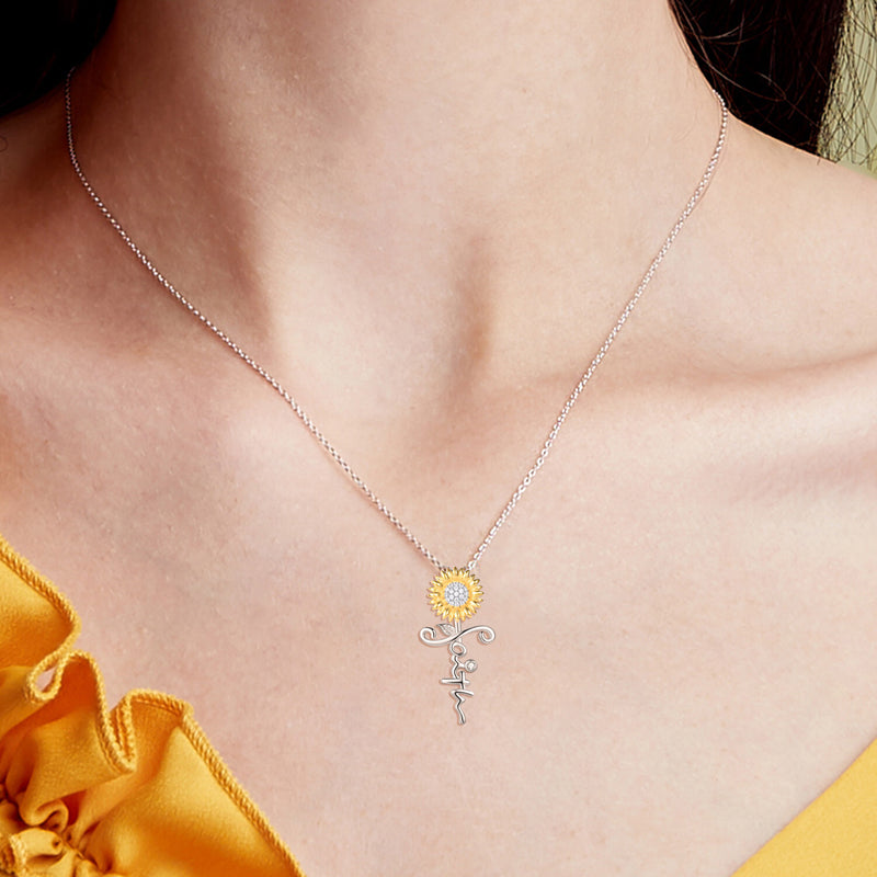 Sterling Silver Faith Sunflower Zirconia Pendant Necklace