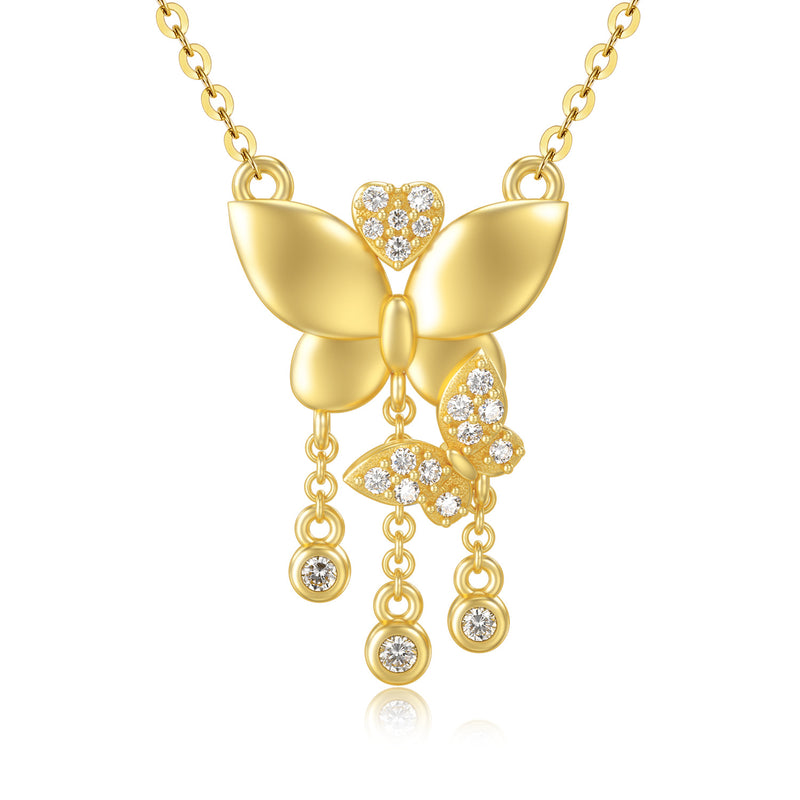 14k Solid Yellow Gold Butterfly Necklace with Moissanite