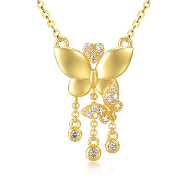 14k Solid Yellow Gold Butterfly Necklace with Moissanite