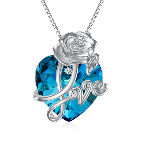 Crystal Rose Flower Necklace - Sterling Silver Jewelry