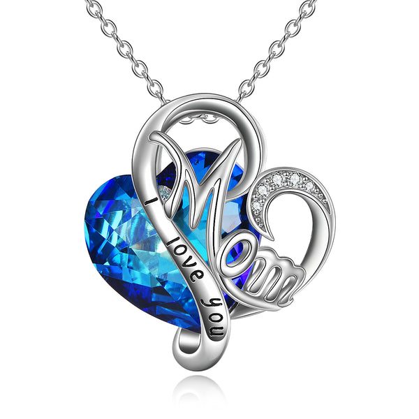 Sterling Silver Mom Necklace with Blue Heart Crystals