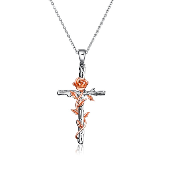 Sterling Silver Rose Gold Plated Religious Cross Pendant Necklace